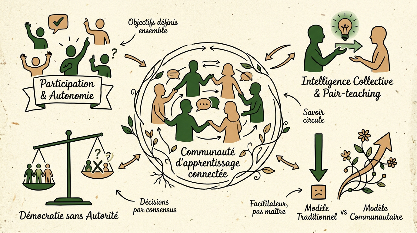 Infographie illustrant les interactions au sein d'une communauté d'apprentissage connectée