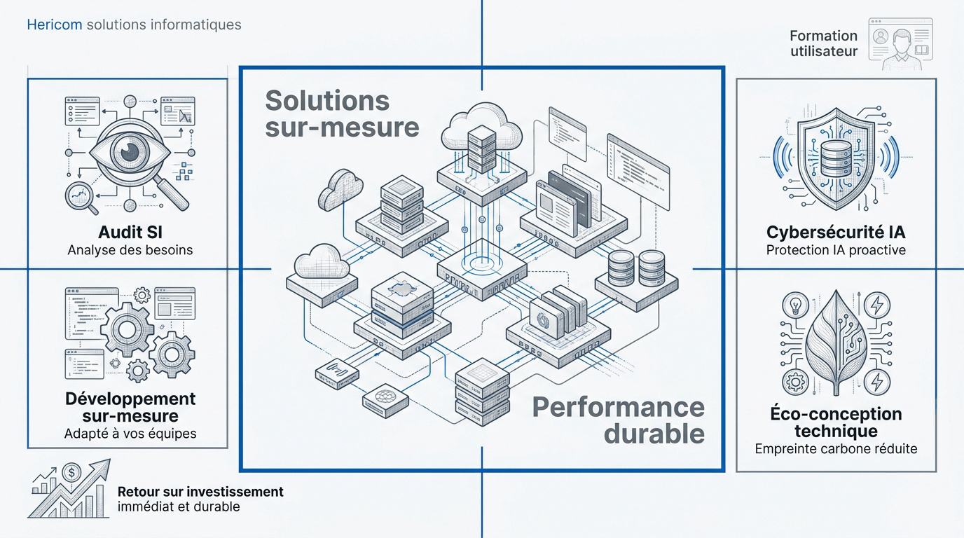 Infographie présentant les solutions SI sur-mesure et l'approche personnalisée d'Hericom