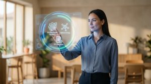 Une femme interagit avec une interface holographique affichant des services de croissance, de réseautage et RH.