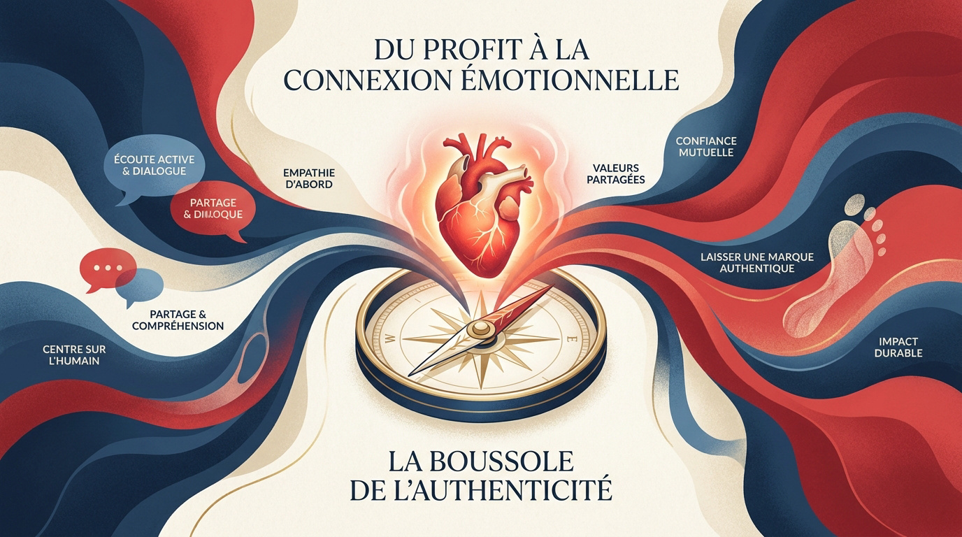 Illustration de la boussole de l'authenticité montrant le passage du profit à la connexion humaine
