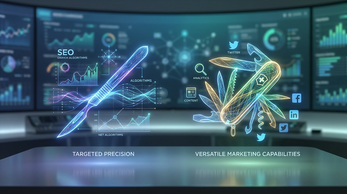 Comparaison visuelle: un scalpel bleu néon symbolise la précision SEO, un couteau suisse lumineux la polyvalence marketing.