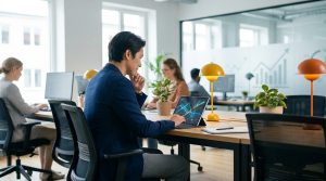 Un professionnel travaillant sur une tablette tactile avec des données analytiques dans un bureau moderne.