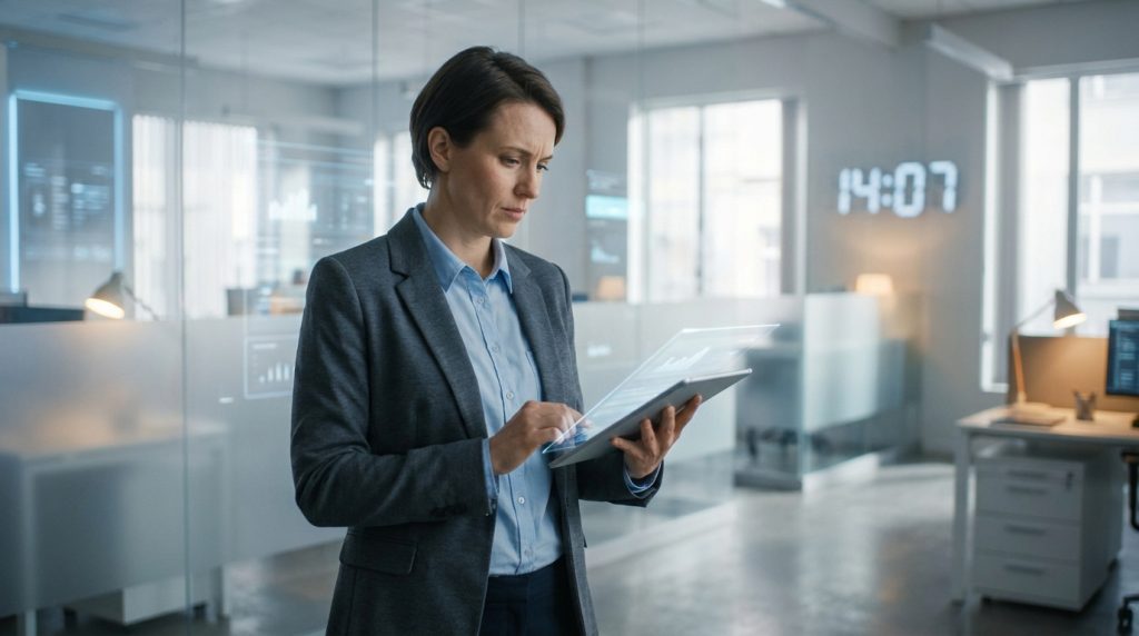 Femme d'affaires en costume analysant des données holographiques sur tablette transparente dans un bureau moderne.