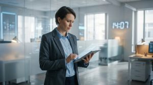 Femme d'affaires en costume analysant des données holographiques sur tablette transparente dans un bureau moderne.