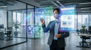 Une cadre interagissant avec des interfaces numériques holographiques dans un bureau moderne.