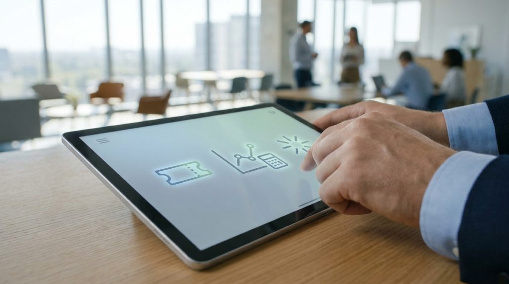 Mains utilisant une tablette avec des icônes d'avantages sociaux dans un bureau lumineux.