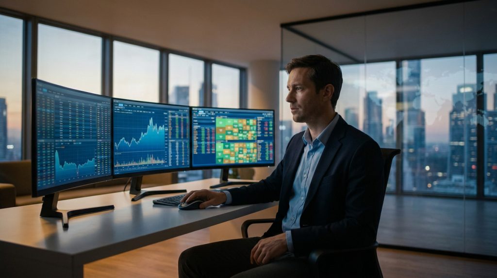 Un trader professionnel travaillant sur plusieurs écrans avec des graphiques financiers dans un bureau moderne.