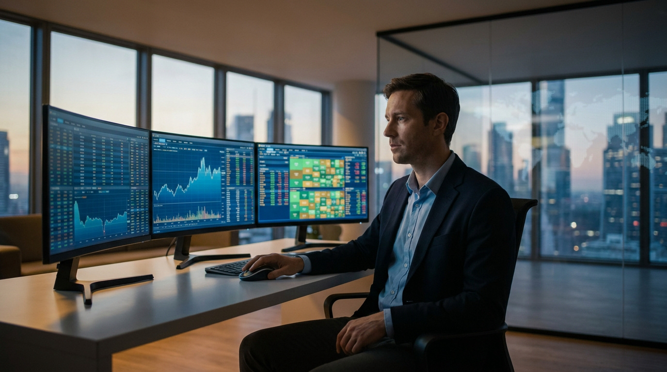 Un trader professionnel travaillant sur plusieurs écrans avec des graphiques financiers dans un bureau moderne.