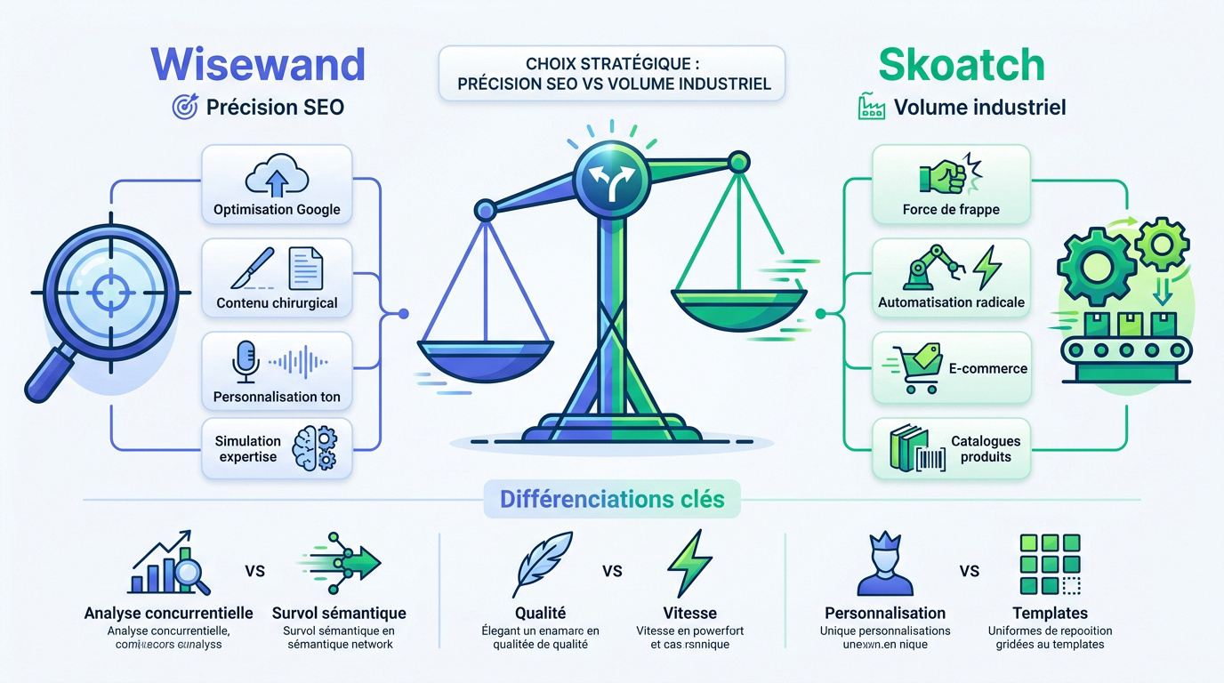 Comparatif détaillé entre Wisewand et Skoatch pour choisir son outil de rédaction IA