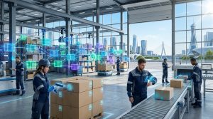 Entrepôt logistique moderne à Paris avec des employés utilisant des technologies RFID et blockchain pour le suivi des colis.