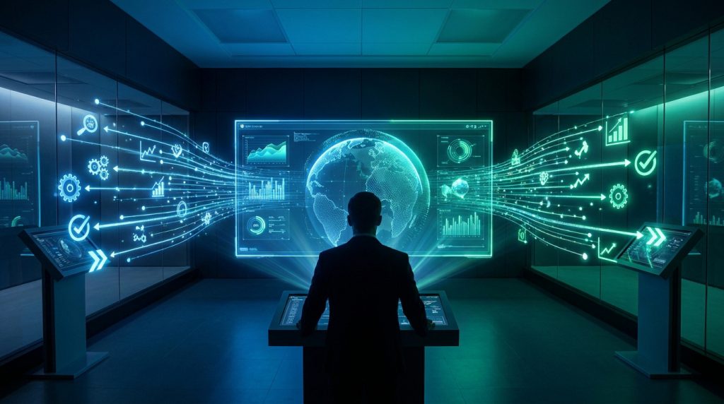 Un professionnel face à un écran géant affichant des flux de données mondiaux, des graphiques et des icônes holographiques.