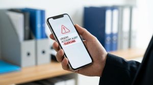 Une main tenant un smartphone affichant une notification urgente et frauduleuse pour inciter à cliquer sur un lien.