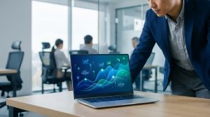 Homme d'affaires consultant des graphiques de données numériques sur un ordinateur portable dans un bureau moderne.