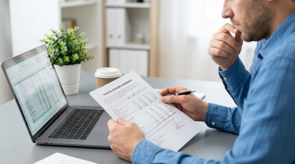 Un homme en chemise bleue analyse un document financier et un tableur sur son ordinateur au bureau.