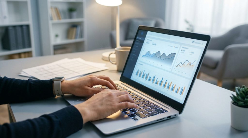 Une personne travaillant sur un ordinateur portable affichant des graphiques de données financières dans un bureau.