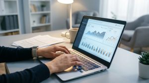 Une personne travaillant sur un ordinateur portable affichant des graphiques de données financières dans un bureau.