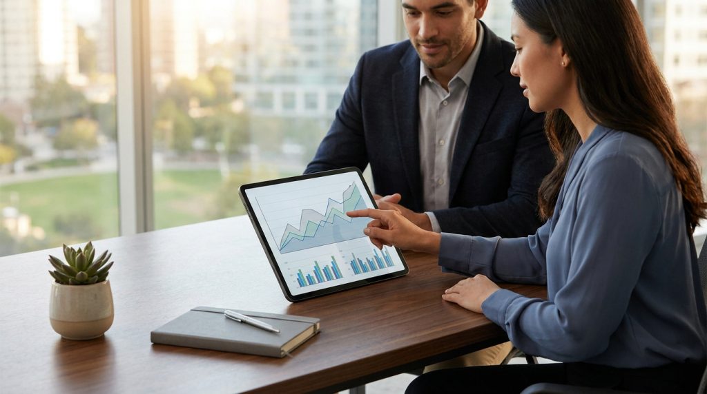 Professionnels analysant des graphiques financiers sur tablette dans un bureau moderne.