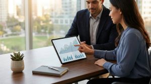 Professionnels analysant des graphiques financiers sur tablette dans un bureau moderne.