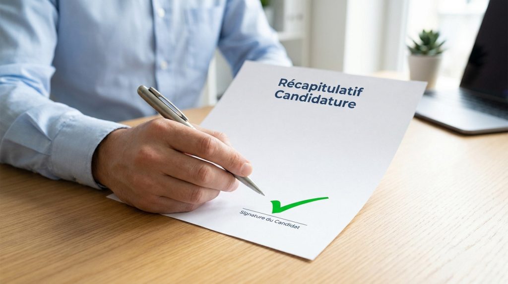 Une personne signe un document intitulé "Récapitulatif candidature" avec une coche verte validant sa signature.