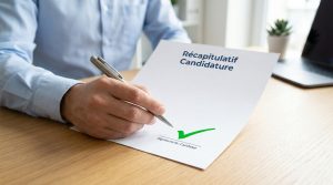 Une personne signe un document intitulé "Récapitulatif candidature" avec une coche verte validant sa signature.