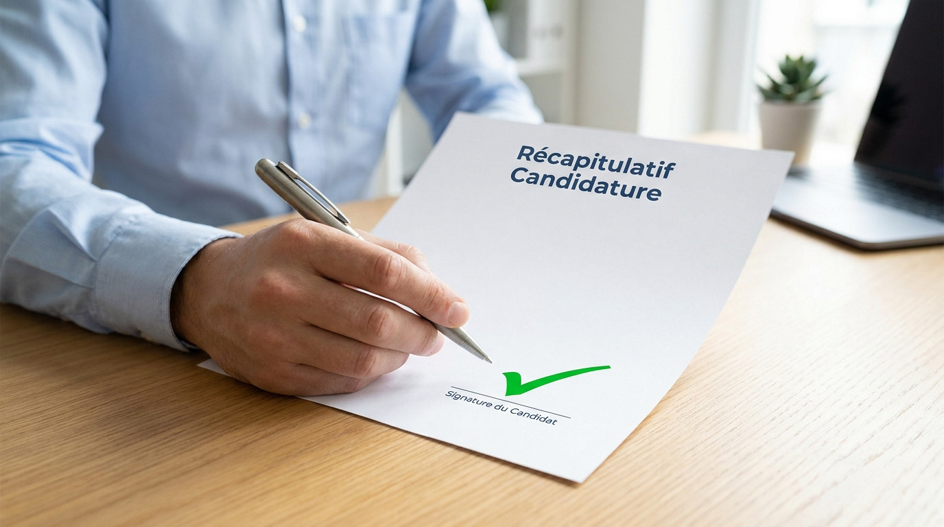 Une personne signe un document intitulé "Récapitulatif candidature" avec une coche verte validant sa signature.