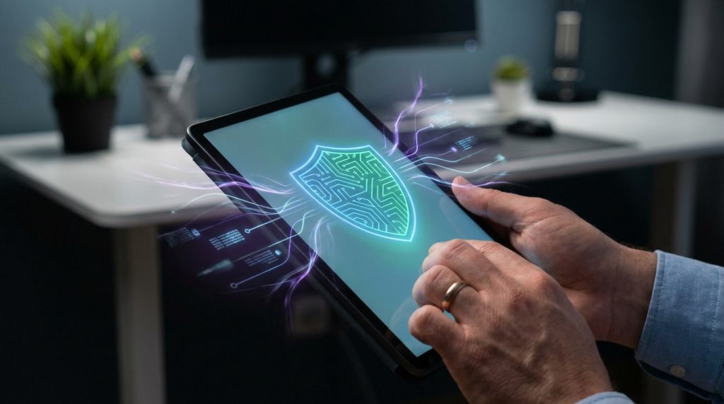 Mains tenant une tablette affichant un bouclier numérique holographique représentant la cybersécurité.