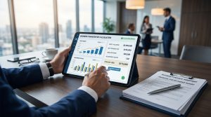 Une personne utilise une tablette pour calculer les frais de cession d'une entreprise dans un bureau moderne.