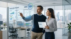 Deux professionnels analysent des données d'assurance sur une vitre interactive dans un bureau moderne.