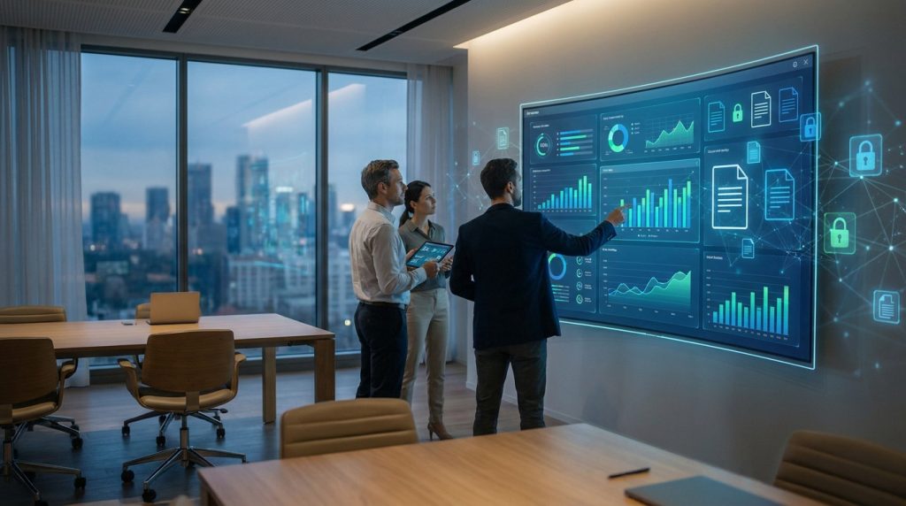 Équipe travaillant sur un tableau de bord numérique holographique affichant des données RH et des icônes de sécurité.
