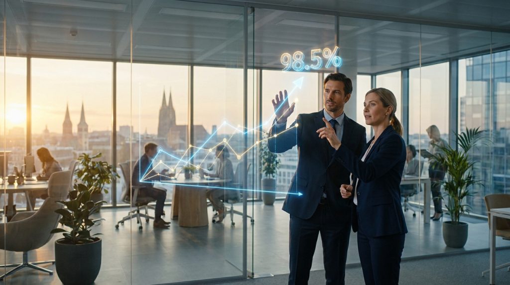 Deux professionnels en costume analysent un graphique de croissance holographique dans un bureau moderne.