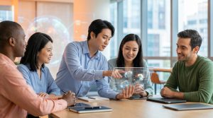 Une équipe multiculturelle analyse des données sur une tablette transparente dans un bureau moderne.