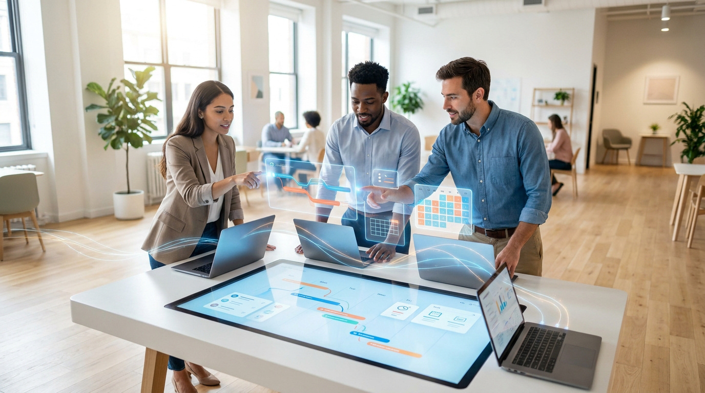 Équipe dynamique travaillant autour d'une table interactive avec des graphiques de gestion de projet en réalité augmentée.