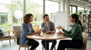 Trois professionnels discutent autour d'une table dans un bureau moderne et lumineux.