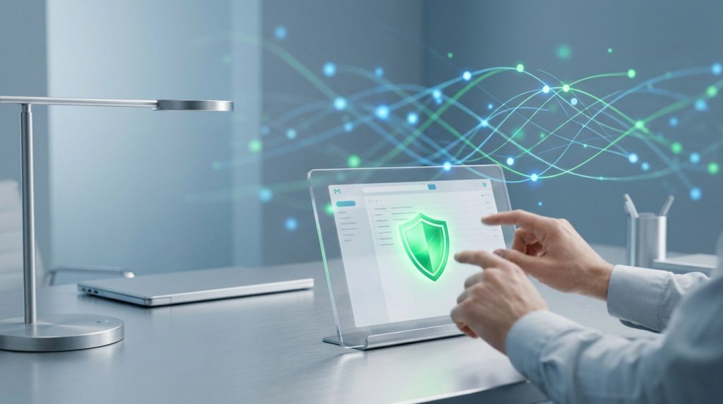 Mains utilisant une tablette transparente avec une icône de bouclier numérique sur un bureau moderne.