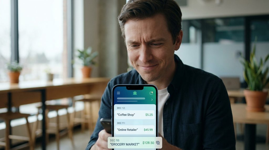 Un homme regarde attentivement une application bancaire sur son téléphone affichant l'historique de ses transactions.