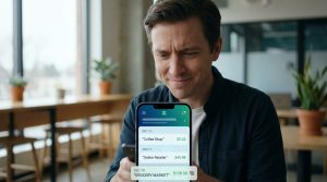 Un homme regarde attentivement une application bancaire sur son téléphone affichant l'historique de ses transactions.