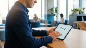 Un salarié se connecte à un portail sécurisé sur une tablette dans un bureau moderne et lumineux.
