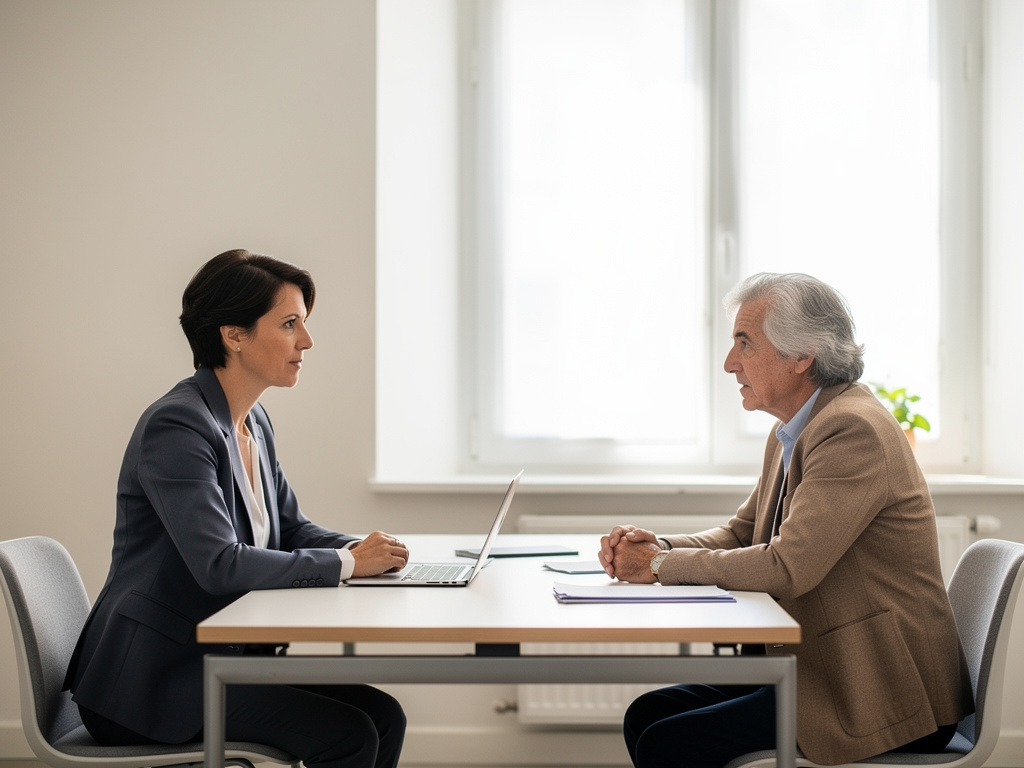 Conseiller France Travail accompagnant un demandeur d'emploi senior