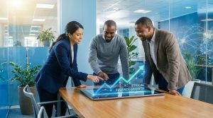Trois collègues analysent une projection holographique de croissance financière sur une table dans un bureau moderne.