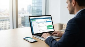 Un homme en costume utilise le webmail SOGo sur son ordinateur portable dans un bureau moderne avec vue sur la ville.