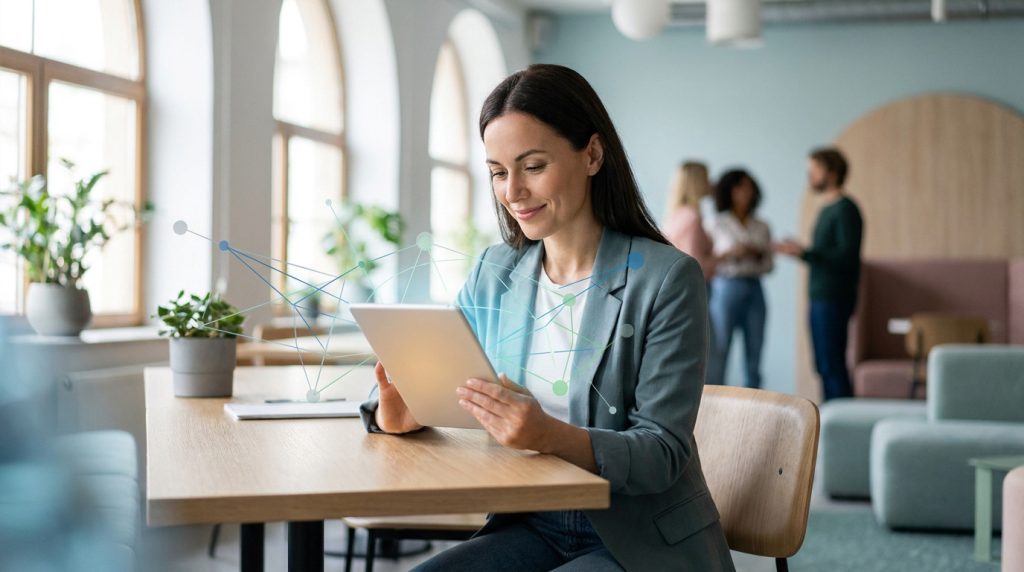 Une femme souriante utilise une tablette numérique dans un bureau moderne avec un réseau de points connectés en arrière-plan.