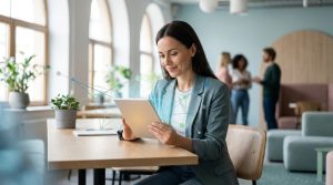 Une femme souriante utilise une tablette numérique dans un bureau moderne avec un réseau de points connectés en arrière-plan.