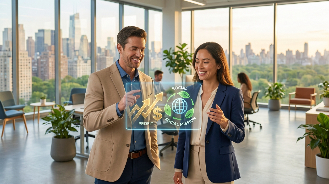 Deux professionnels analysant un écran holographique affichant le profit et la mission sociale dans un bureau moderne.
