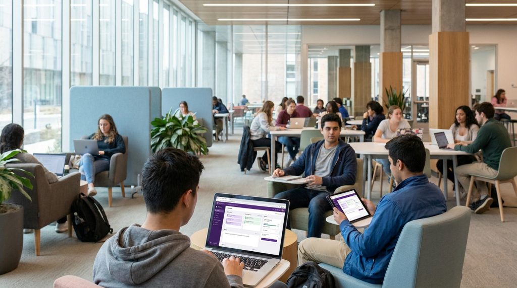 Étudiants utilisant des ordinateurs portables et tablettes pour se connecter à Netyparéo dans un campus moderne.