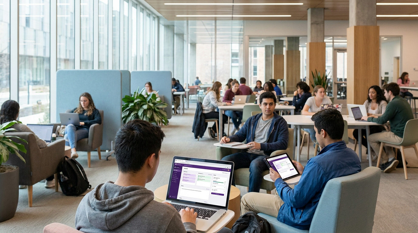 Étudiants utilisant des ordinateurs portables et tablettes pour se connecter à Netyparéo dans un campus moderne.