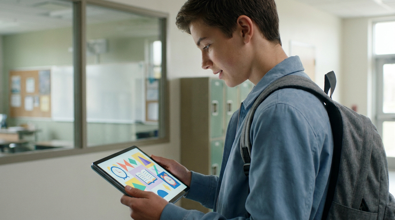 Un adolescent avec un sac à dos consulte une tablette numérique avec des icônes scolaires dans un couloir d'école.