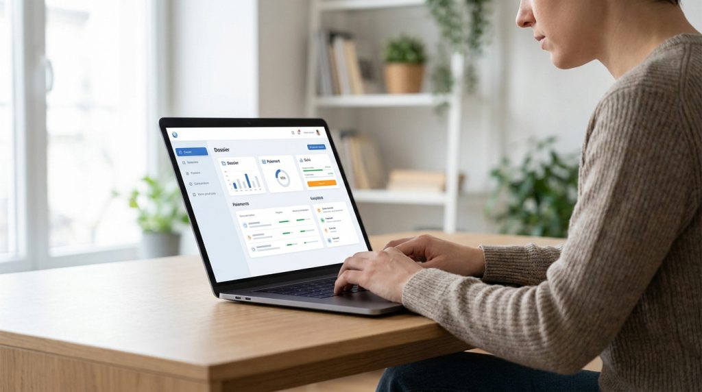 Une personne utilise un ordinateur portable pour consulter un tableau de bord de gestion de créances publiques.