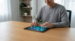 Homme utilisant une tablette affichant des données financières et des icônes de cadenas pour la sécurité bancaire.
