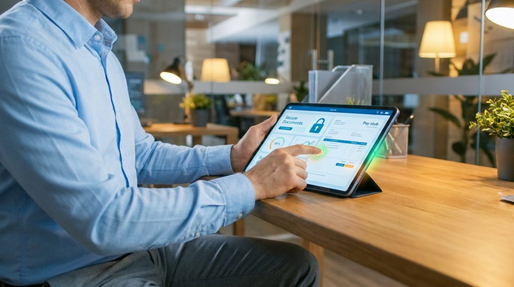 Un employé utilise une tablette pour accéder à ses documents sécurisés et bulletins de paie sur une plateforme numérique.