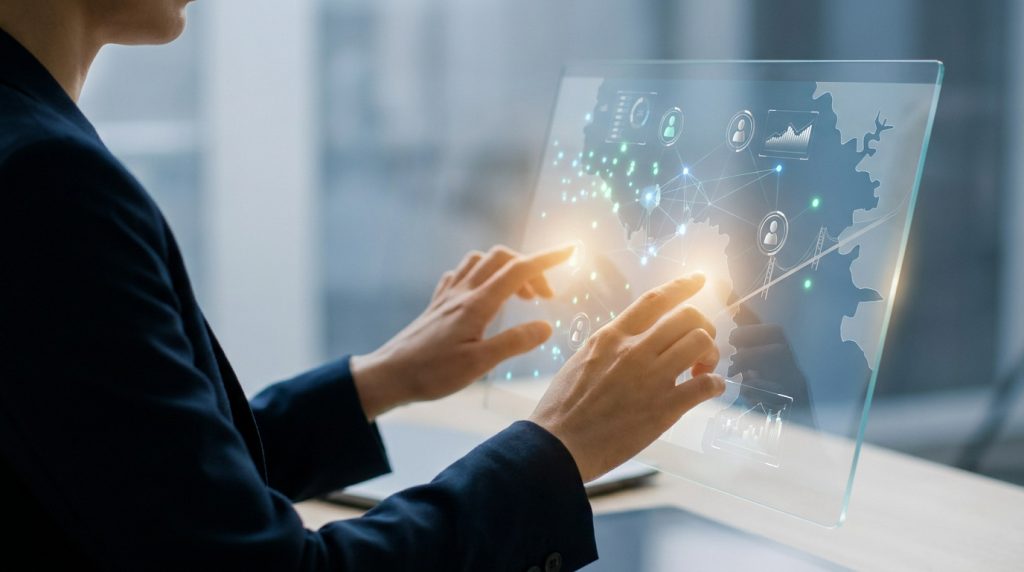 Une personne interagit avec une interface numérique tactile holographique affichant des données et des réseaux.